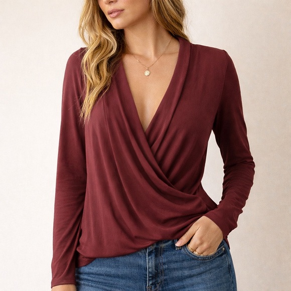 Nine West Tops - Nine West Burgundy Faux Wrap Blouse Deep V Neck Draped Top L
